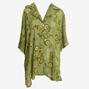 Unbranded Sheer Green Paisley Button Down Shirt with Gold‎ Stripes